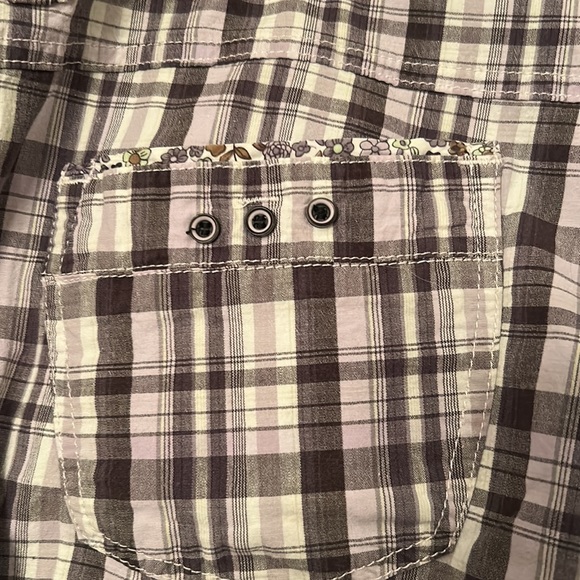 Rewind Juniors Plaid Y2K Boho Cargo Shorts w/ Floral Trim & Tie Hem | Size 15 - Picture 7 of 8